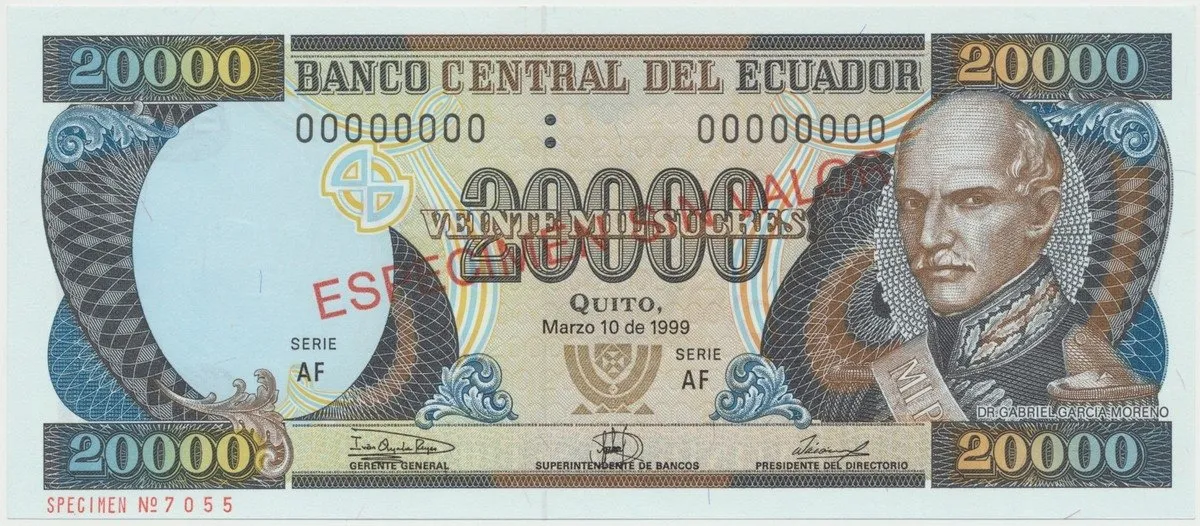 Ekvádor, 20.000 Sucres 1999, anulát - ESPECIMEN, P.129s3