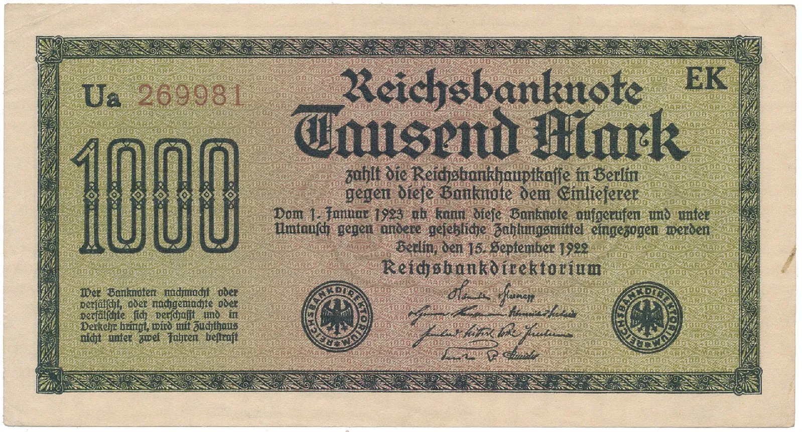 Německo, 1000 Mark 1922, vod. Mäander, hnědé 6-místné číslo, Ro.75i