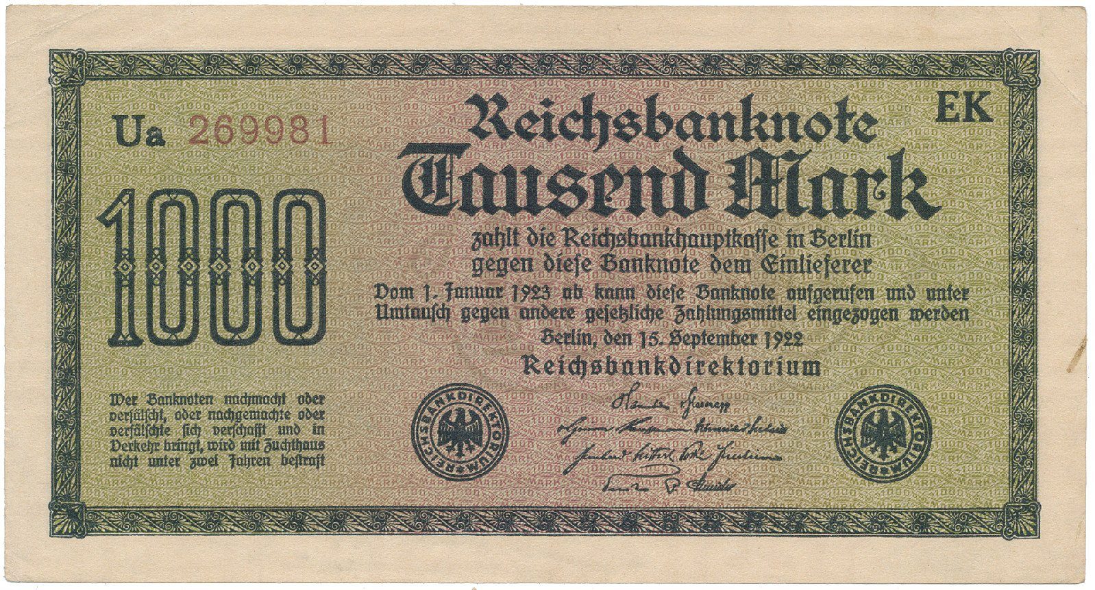Německo, 1000 Mark 1922, vod. Mäander, hnědé 6-místné číslo, Ro.75i