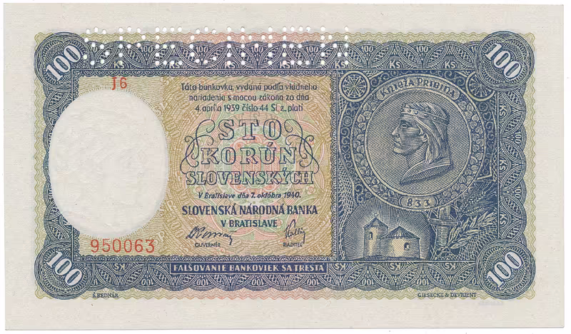 Slovensko, 100 Koruna 1940, I. vydání, série s 1 číslem, perf. 1x SPECIMEN nahoře, Hej.48a1.S1
