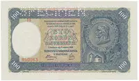 Slovensko, 100 Koruna 1940, I. vydání, série s 1 číslem, perf. 1x SPECIMEN nahoře, Hej.48a1.S1