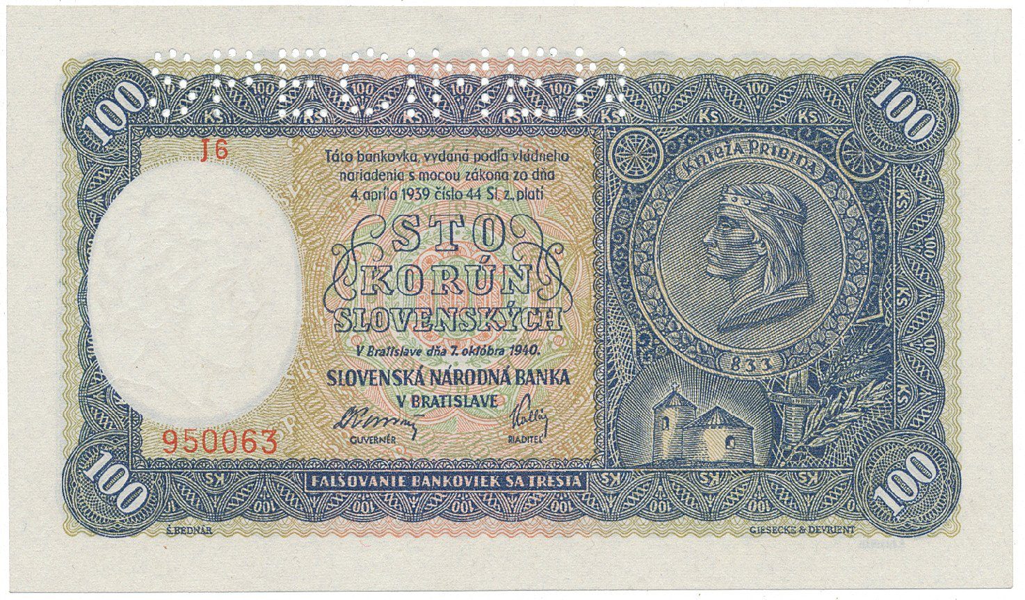 Slovensko, 100 Koruna 1940, I. vydání, série s 1 číslem, perf. 1x SPECIMEN nahoře, Hej.48a1.S1