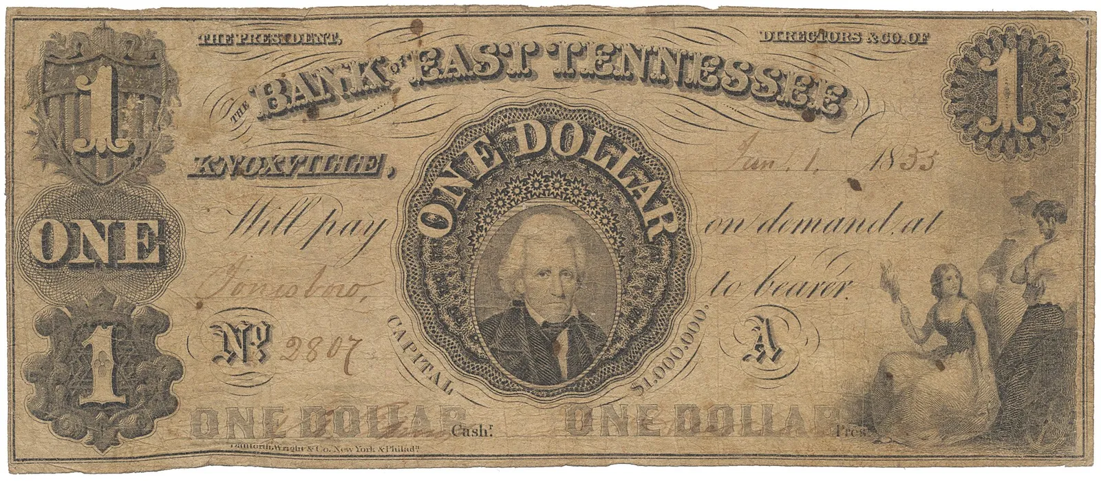 USA, Tennessee, Knoxville, The Bank of East Tennessee, 1 Dollar 1. 1. 1855