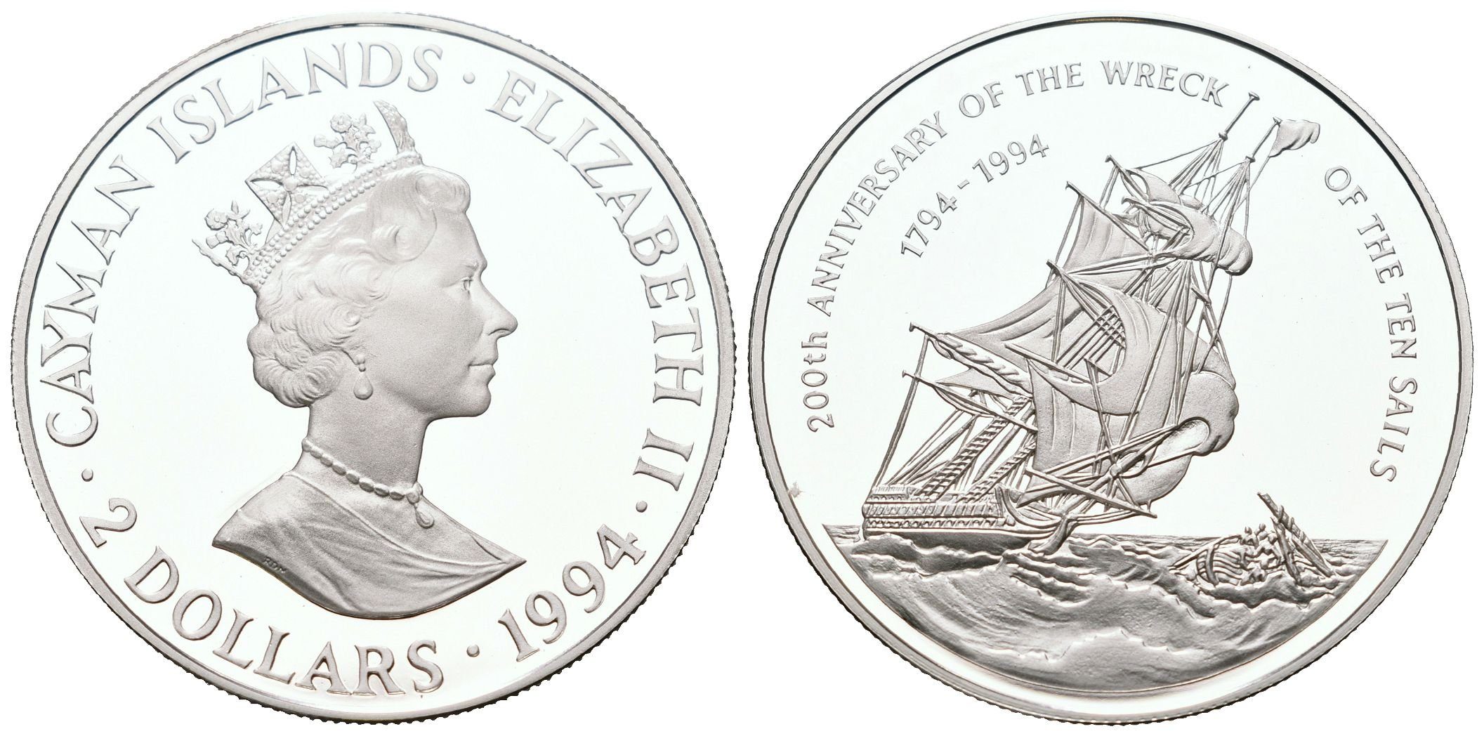 Cayman Islands, 2 Dollars 1994 - Ten Sails