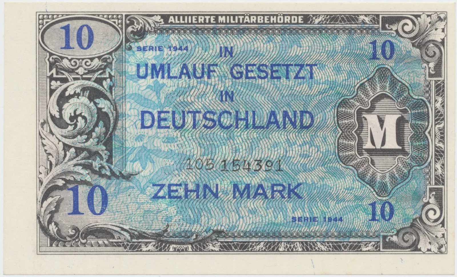 Okupační poukázky Allierte, 10 Mark 1944, tisk SSSR, 9-místný číslovač, Hej.AM4c