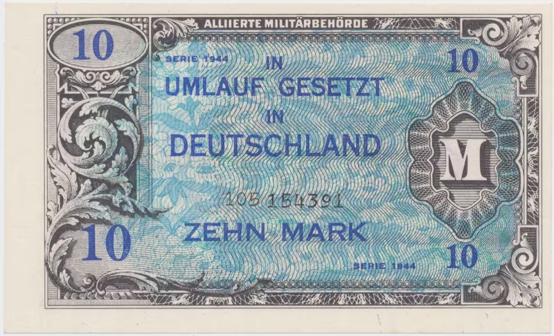 Okupační poukázky Allierte, 10 Mark 1944, tisk SSSR, 9-místný číslovač, Hej.AM4c