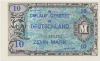 Okupační poukázky Allierte, 10 Mark 1944, tisk SSSR, 9-místný číslovač, Hej.AM4c