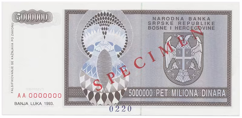Bosna a Hercegovina, 5 Miliona Dinara 1993, bankovní vzor, AA 0000000, přet. SPECIMEN, P.143s