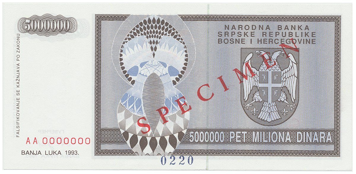 Bosna a Hercegovina, 5 Miliona Dinara 1993, bankovní vzor, AA 0000000, přet. SPECIMEN, P.143s