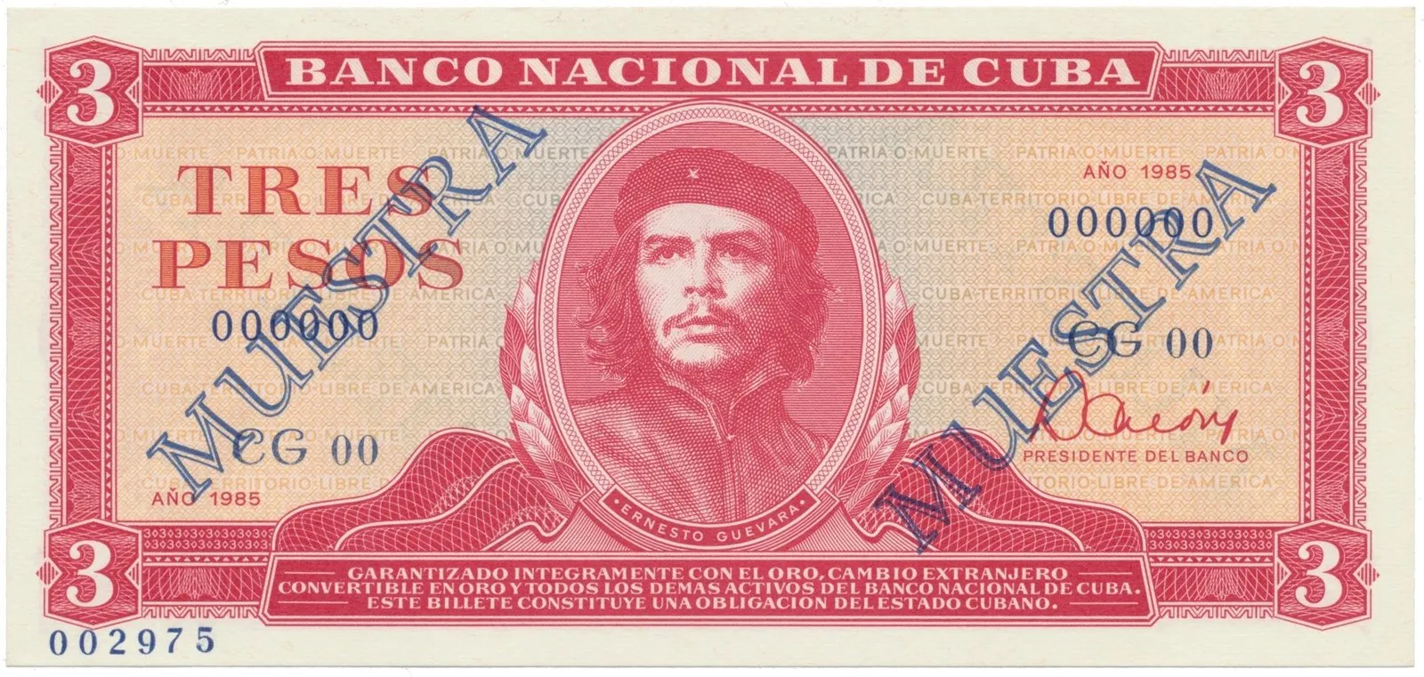 Kuba, 3 Pesos 1985, tisk STC Praha, anulát - 2x MUESTRA, bankovní vzor, P.107as