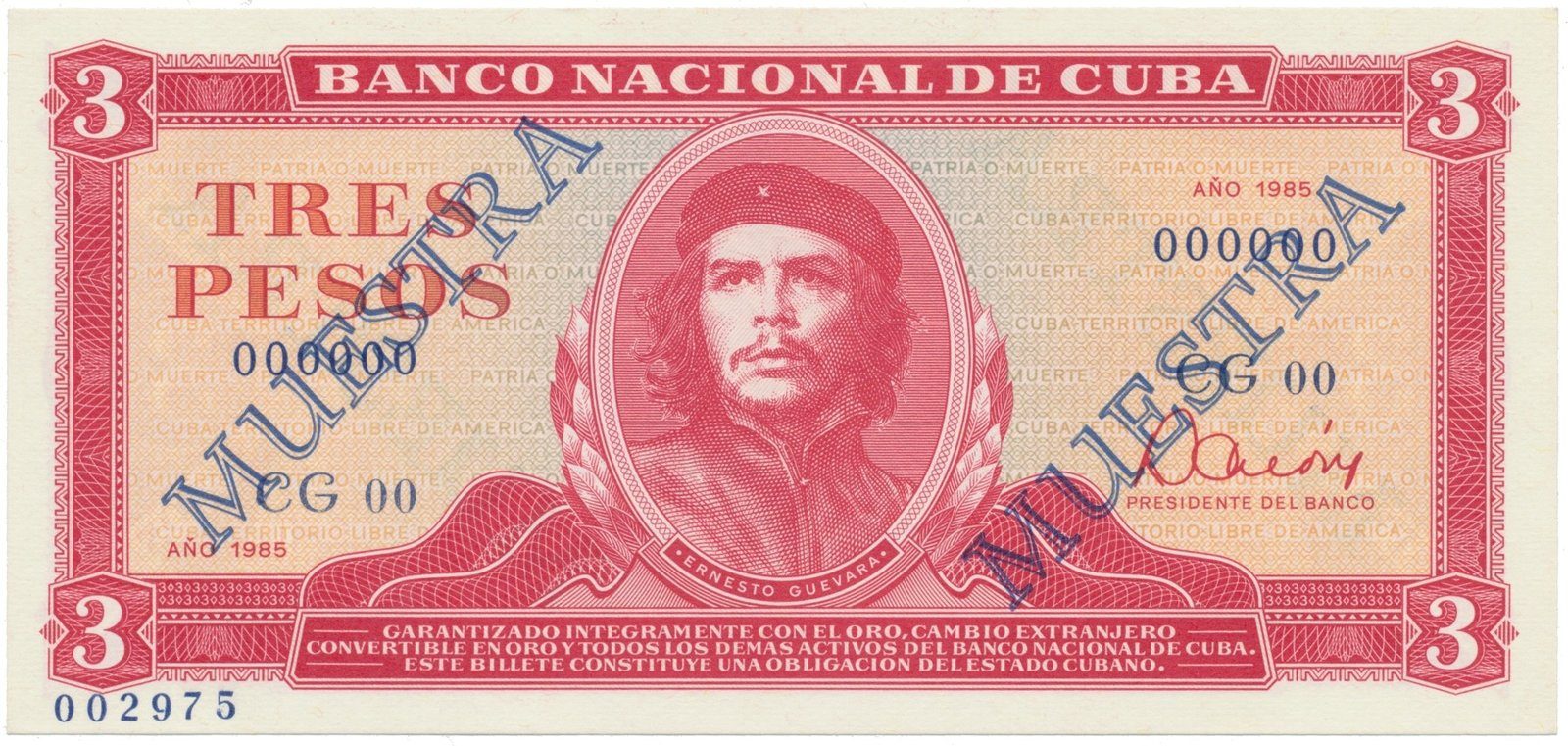 Kuba, 3 Pesos 1985, tisk STC Praha, anulát - 2x MUESTRA, bankovní vzor, P.107as