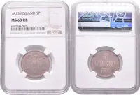 5 Penniä 1873, Helsinky, Bitkin2.662, Uzd.4706, etue NGC, MS 63 RB — 2