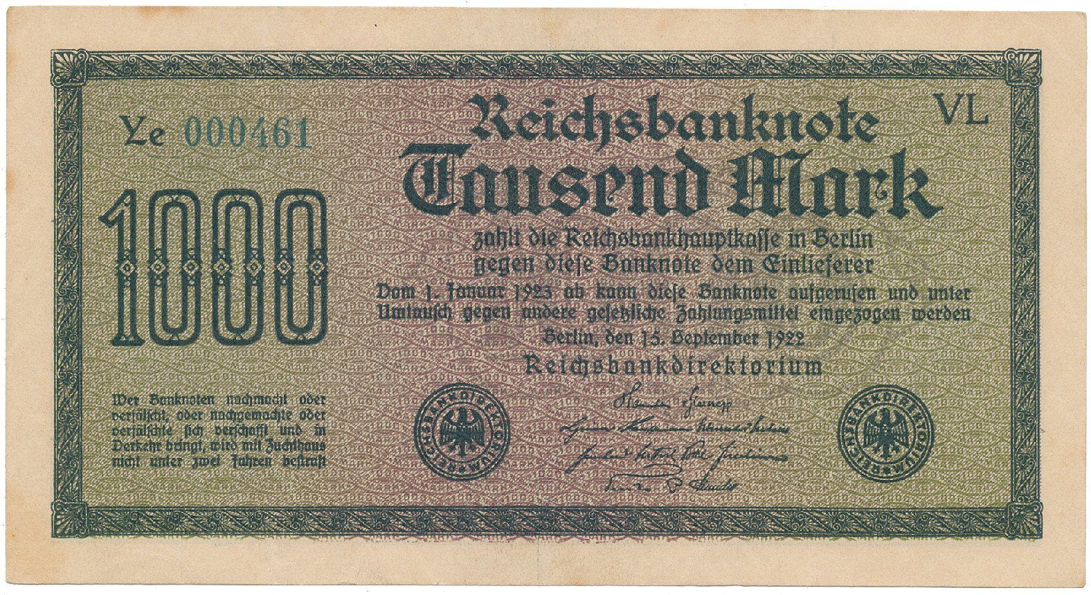 Německo, 1000 Mark 1922, vod. Gitter, modrozelené 6-místné číslo, Ro.75n