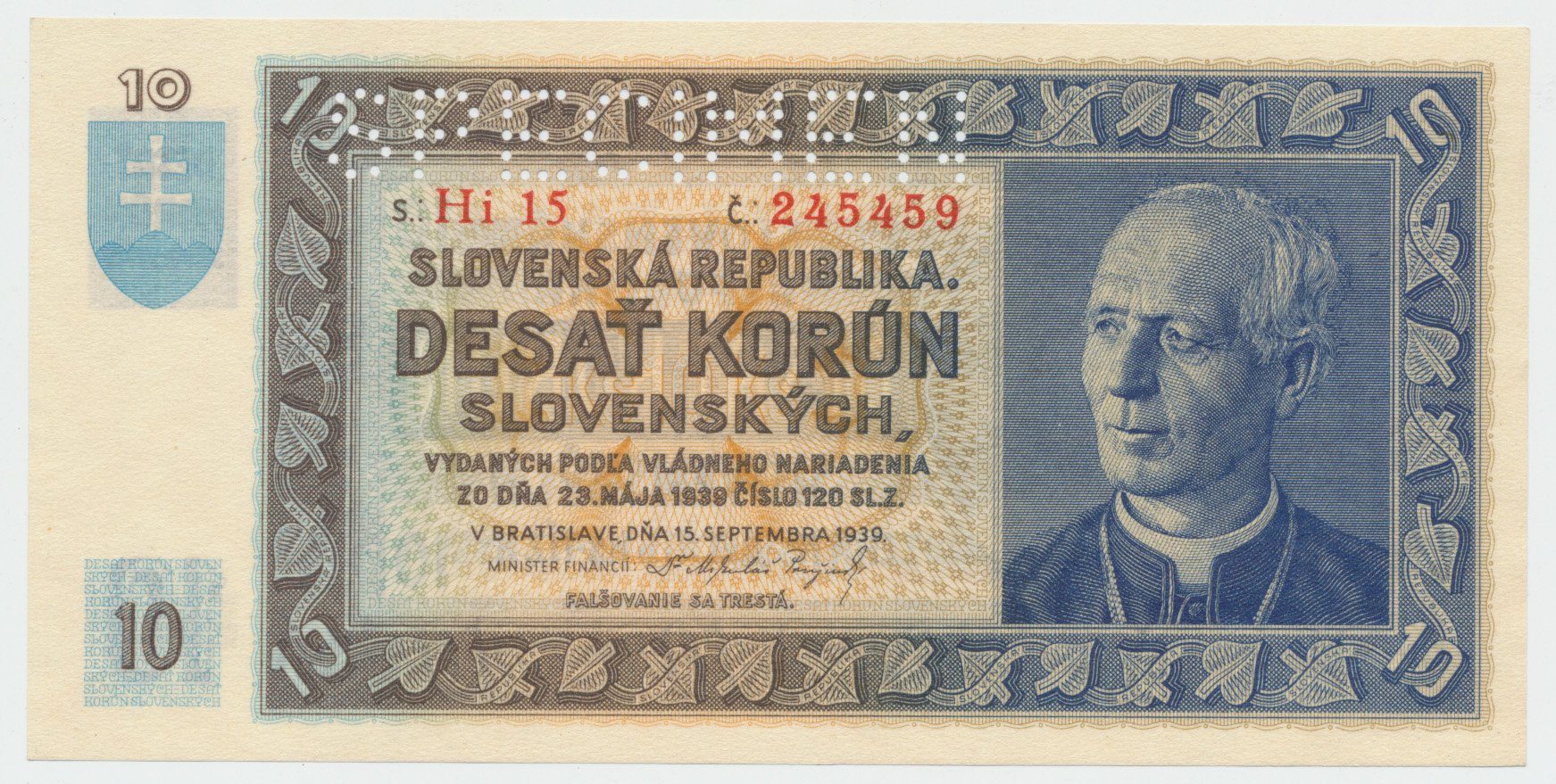 Slovensko, 10 Koruna 1939, 1x SPECIMEN nahoře, Hej.46a2.S1