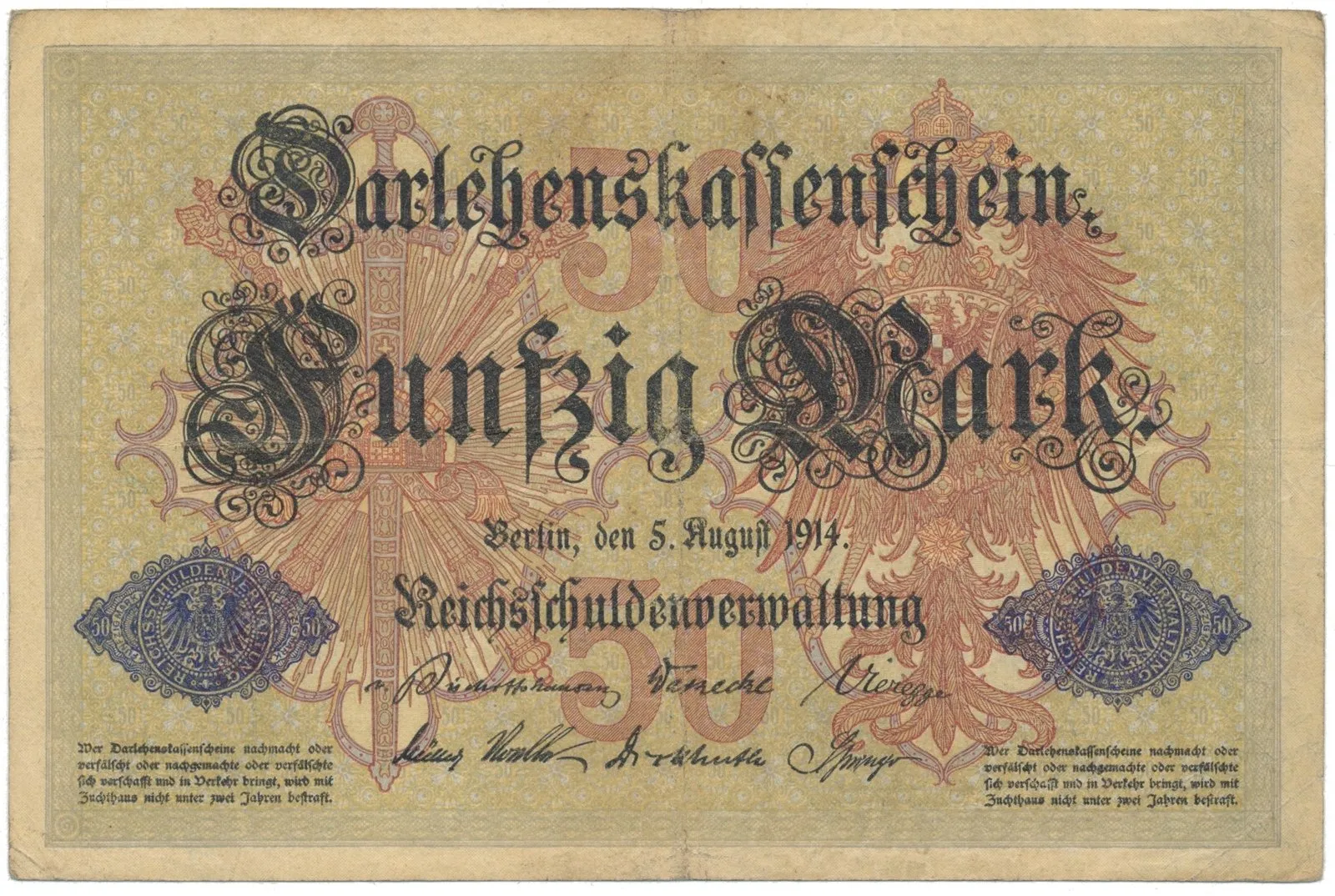 Německo, 50 Mark 1914, 6-místný číslovač, Ro.50a