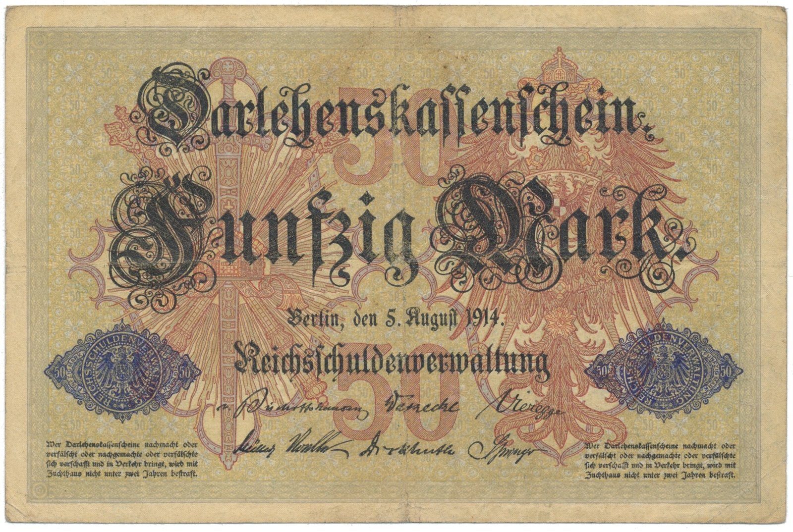 Německo, 50 Mark 1914, 6-místný číslovač, Ro.50a