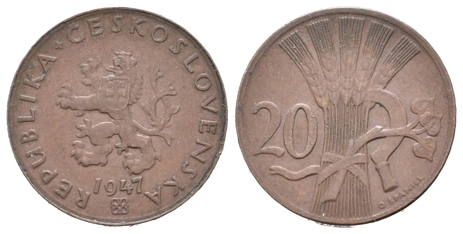 20 Haléř 1947, pěkná zachovalost, patina, drobné rysky_R! — 1