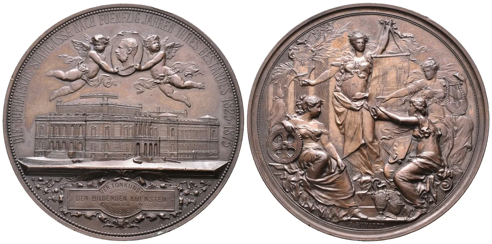 AE Medaile 1875 - K 50. výročí založení České spořitelny. Budova Rudolfina, — 1