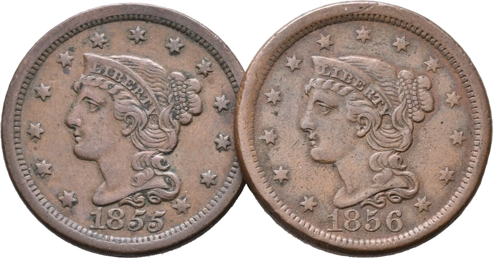 1 Cent 1855, 1856, KM.67, patina, rysky a drobné hranky_2 ks — 1