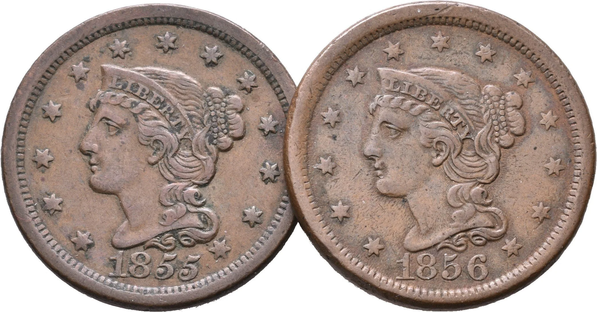 1 Cent 1855, 1856, KM.67, patina, rysky a drobné hranky_2 ks — 1