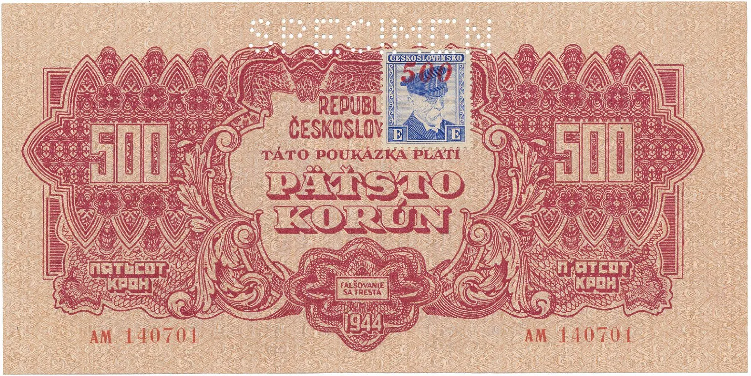 Československo, 500 Koruna 1944/1945, kolkovaná, perf. 1x SPECIMEN nahoře, Hej.67a.S1