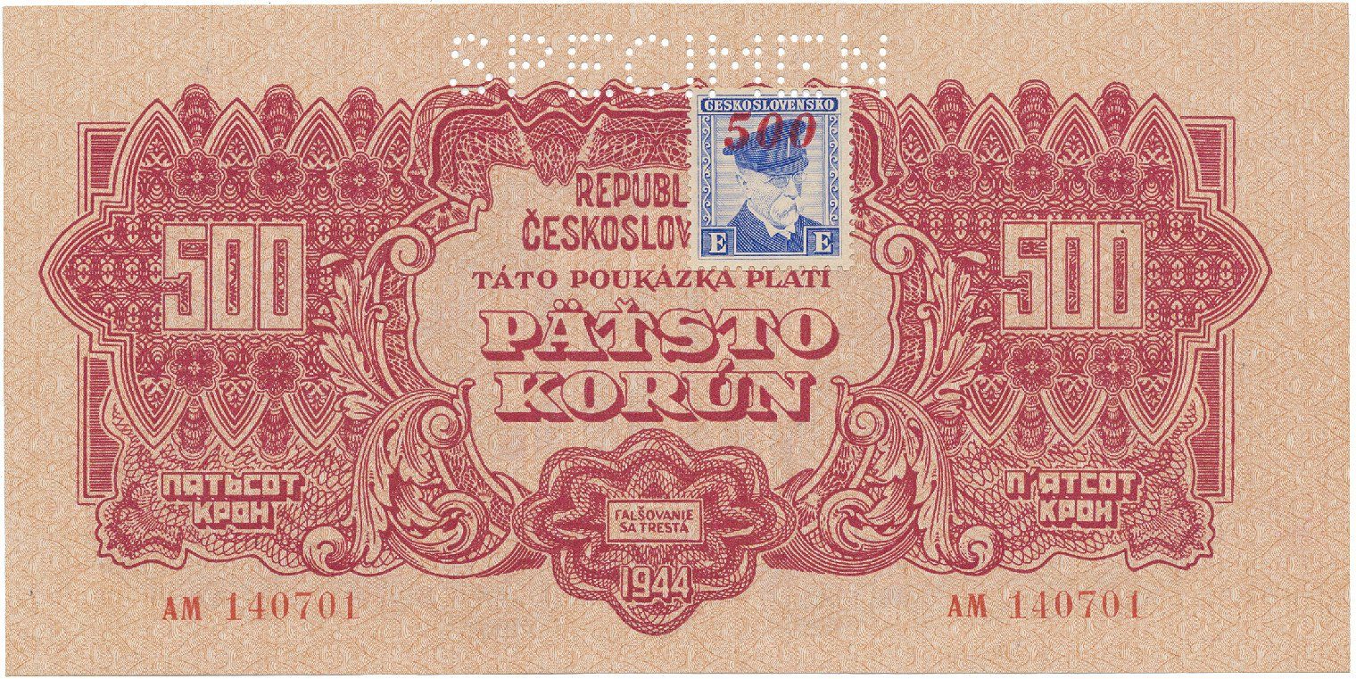 Československo, 500 Koruna 1944/1945, kolkovaná, perf. 1x SPECIMEN nahoře, Hej.67a.S1