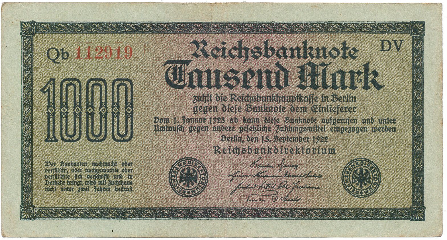 Německo, 1000 Mark 1922, vod. Wellen, 6-místné číslo, Ro.75q