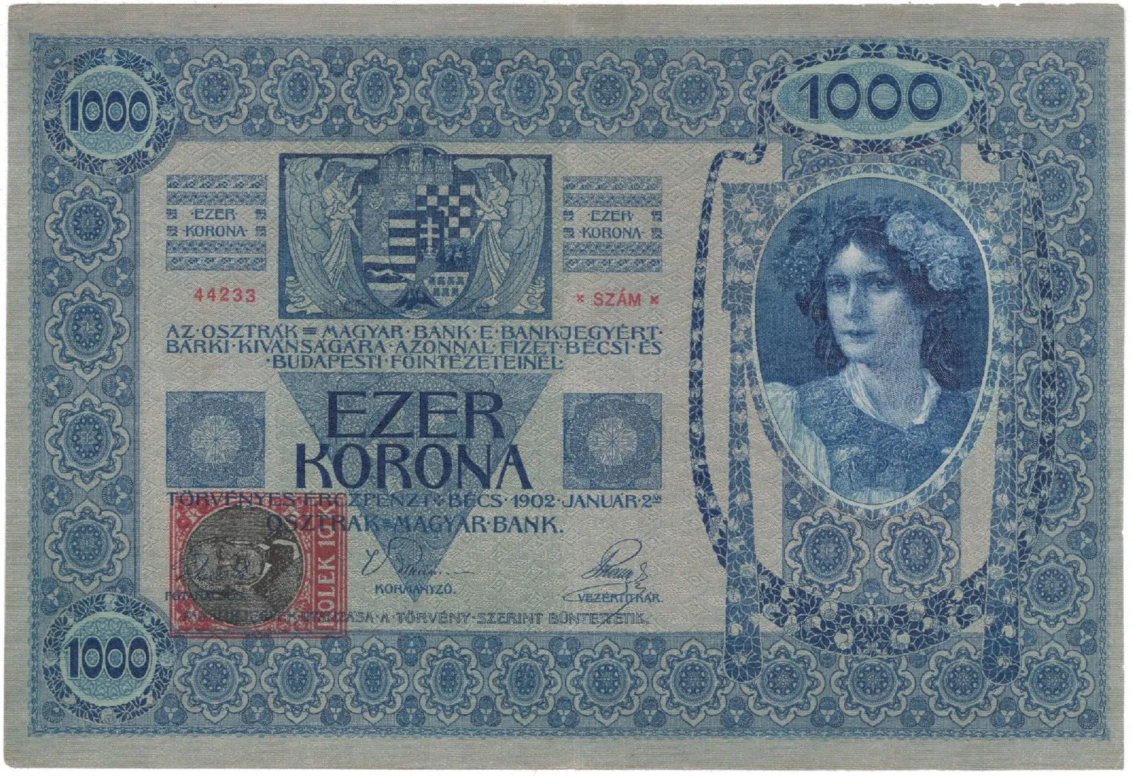 1000 Koruna 1902 (1919), šedozelený podtisk, kolkovaná, Hej.6a