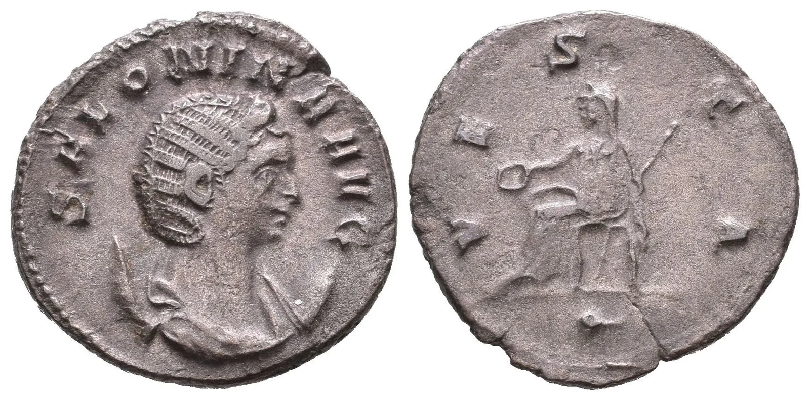 AR Antoninian, 260 - 268, Rv: VESTA, sedící Vesta zleva drží pateru a žezlo, — 1