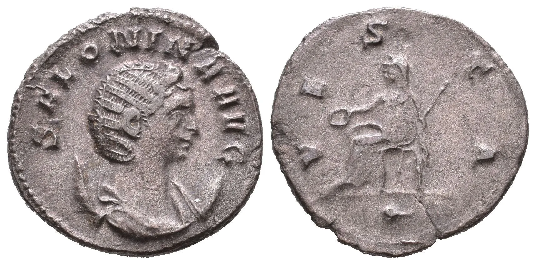 AR Antoninian, 260 - 268, Rv: VESTA, sedící Vesta zleva drží pateru a žezlo, — 1