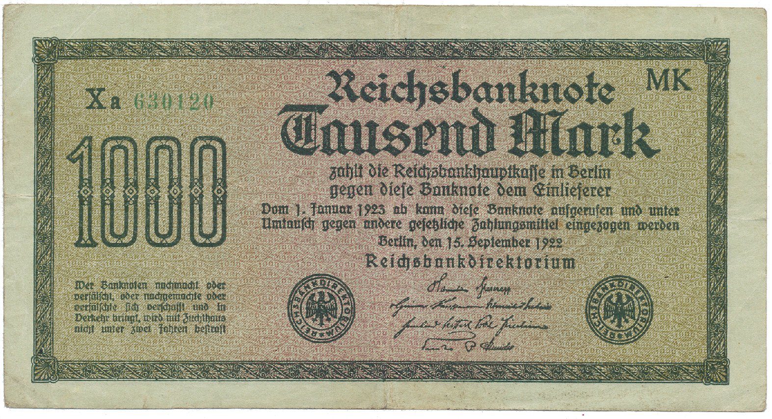 Německo, 1000 Mark 1922, vod. Vielecke, 6-místné číslo, Ro.75f