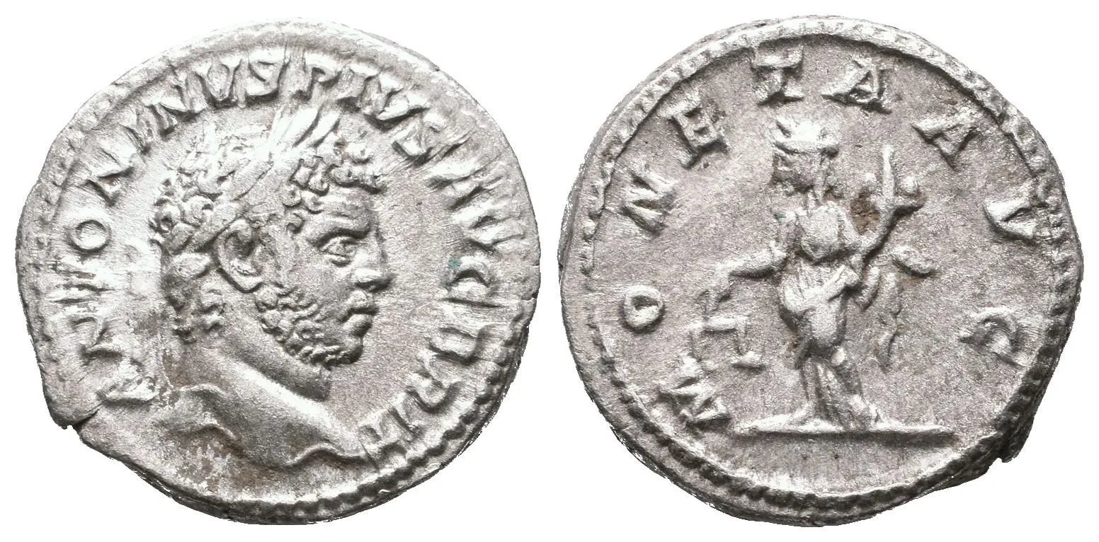 Denár, 210 - 213, Rv: MONETA AVG, stojící Moneta zleva drží váhy a roh hojnosti, — 1