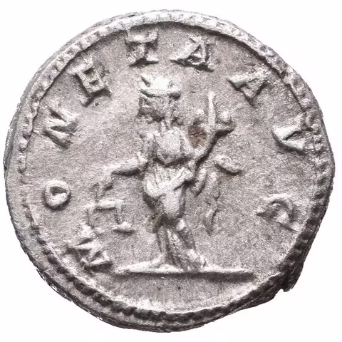 Denár, 210 - 213, Rv: MONETA AVG, stojící Moneta zleva drží váhy a roh hojnosti,