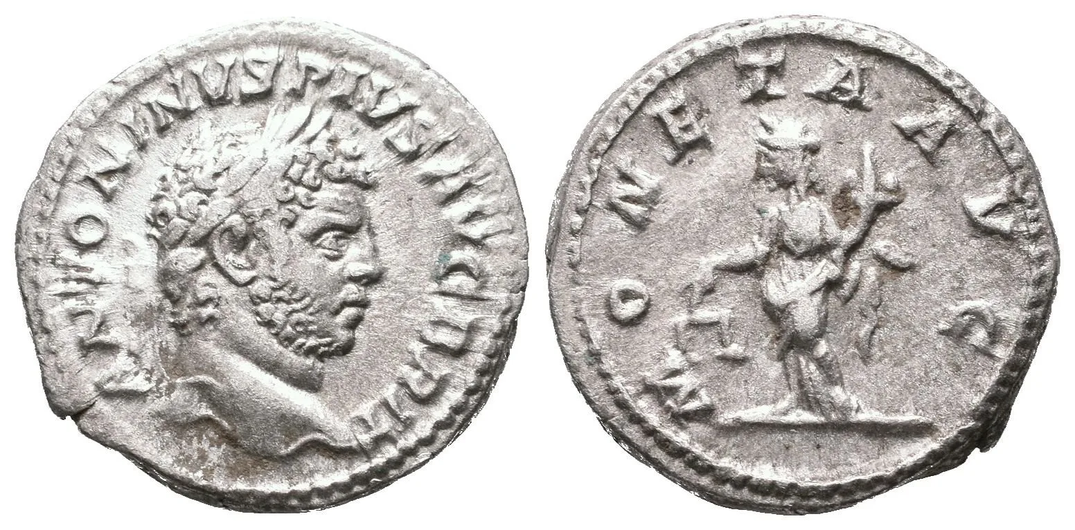 Denár, 210 - 213, Rv: MONETA AVG, stojící Moneta zleva drží váhy a roh hojnosti, — 1