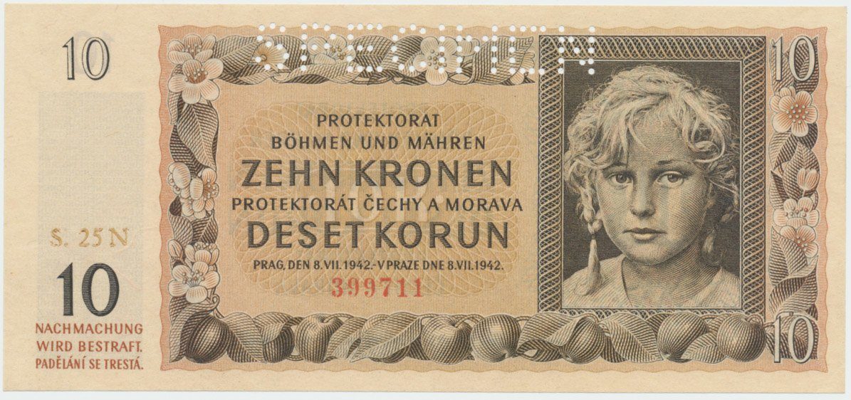 Protektorát Čechy a Morava, 10 Koruna 1942, série N, tisk Neubert, perf. 1x SPECIMEN, Hej.37b1.S1