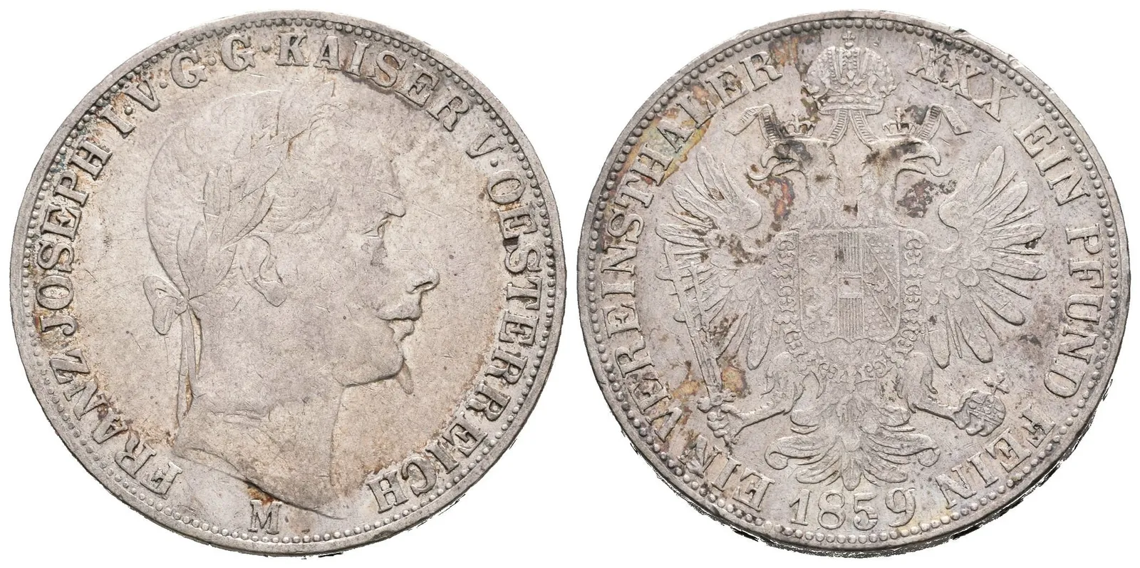 Tolar spolkový 1859 M, tmavá patina, zbytky lesku, škr. a hr. — 1