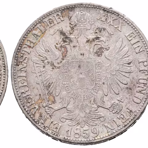 Tolar spolkový 1859 M, tmavá patina, zbytky lesku, škr. a hr.