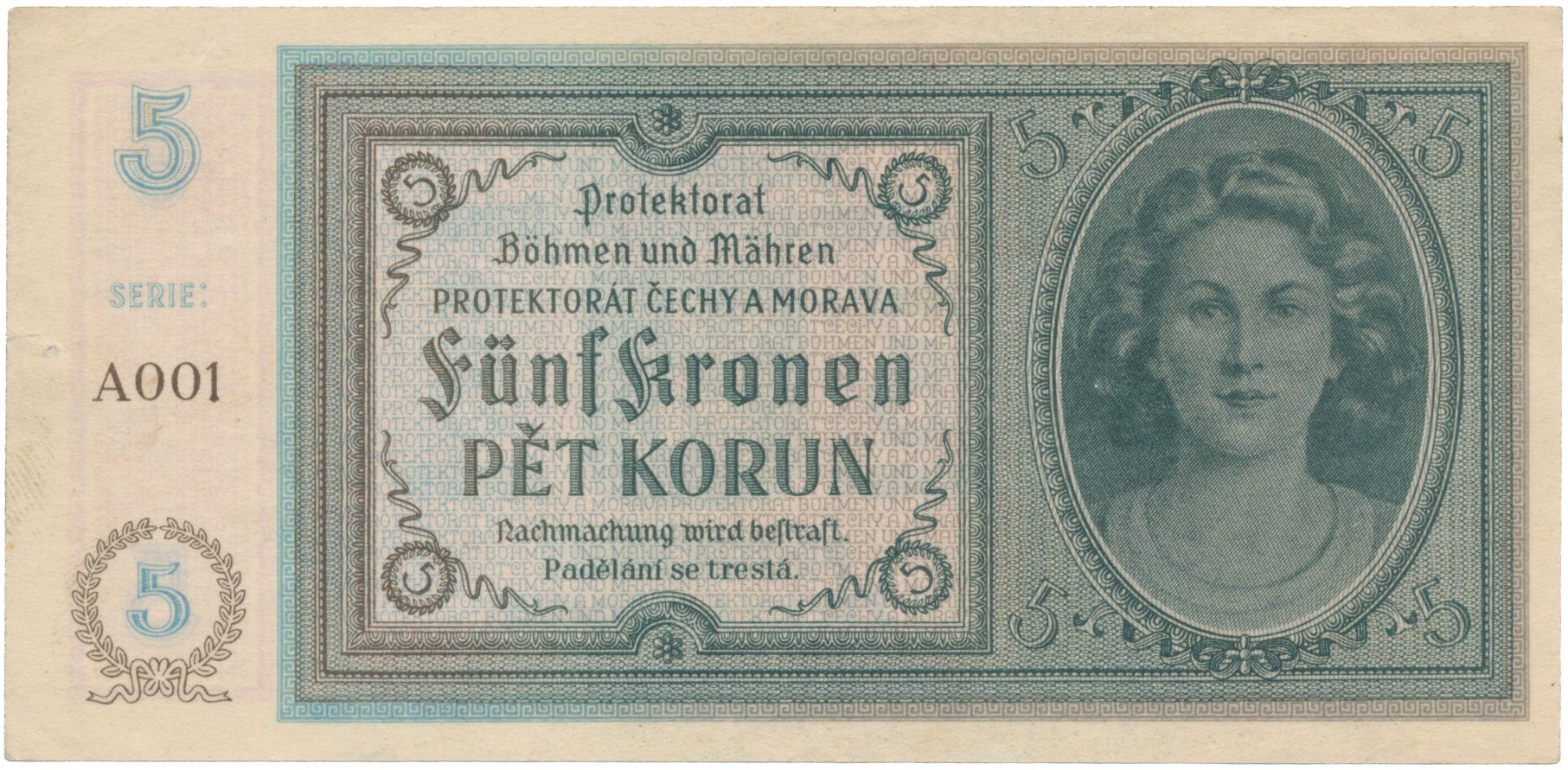5 Koruna b.d. (1940), první série A 001, Hej.31aA