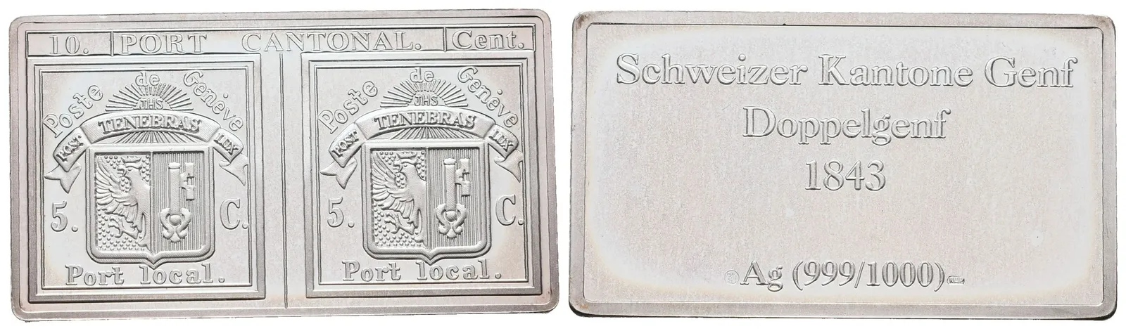 Stříbrná známka - Double de Genéve - Švýcrasko - 1843 - Ag 9 g - 999/1000