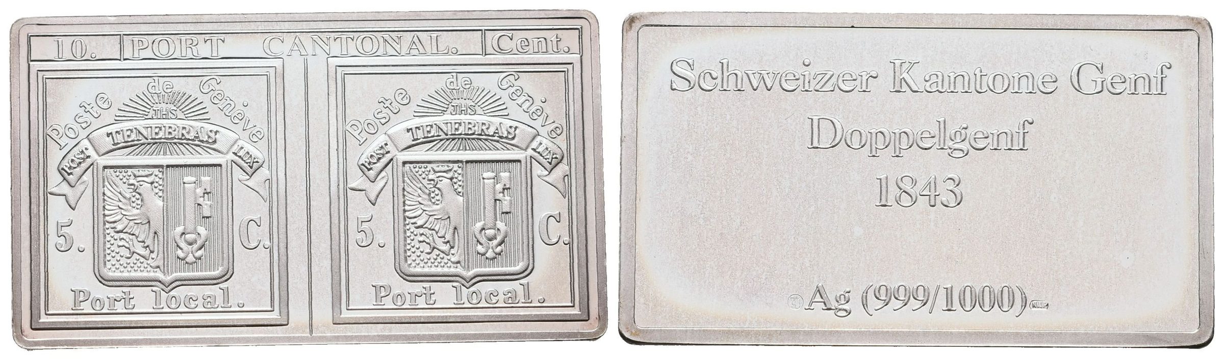 Stříbrná známka - Double de Genéve - Švýcrasko - 1843 - Ag 9 g - 999/1000