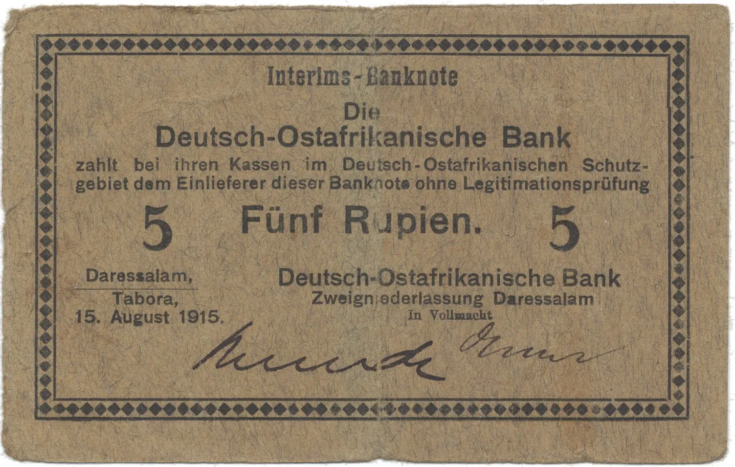 Německá Východní Afrika, 5 Rupien 15. 8. 1915, série C, R.910i