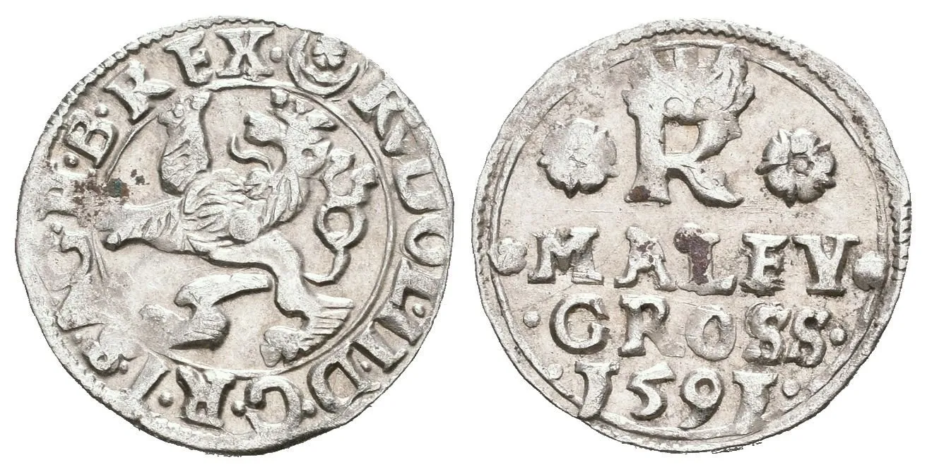 Malý groš 1591, Jáchymov-Hofmann, HN.8a (opis 7c), pěkná zachovalost, patina — 1
