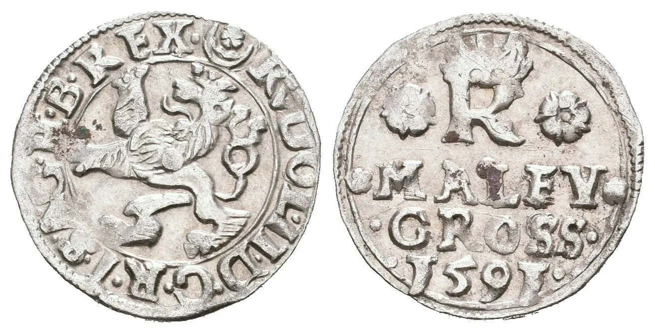 Malý groš 1591, Jáchymov-Hofmann, HN.8a (opis 7c), pěkná zachovalost, patina — 1