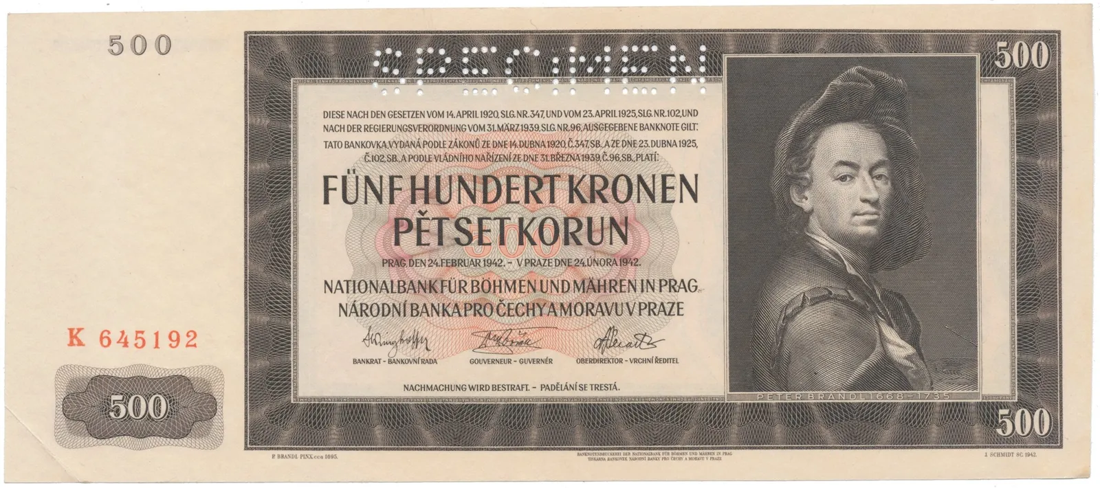 500 Koruna 1942, I. vydání, SPECIMEN, Hej.35a.S1