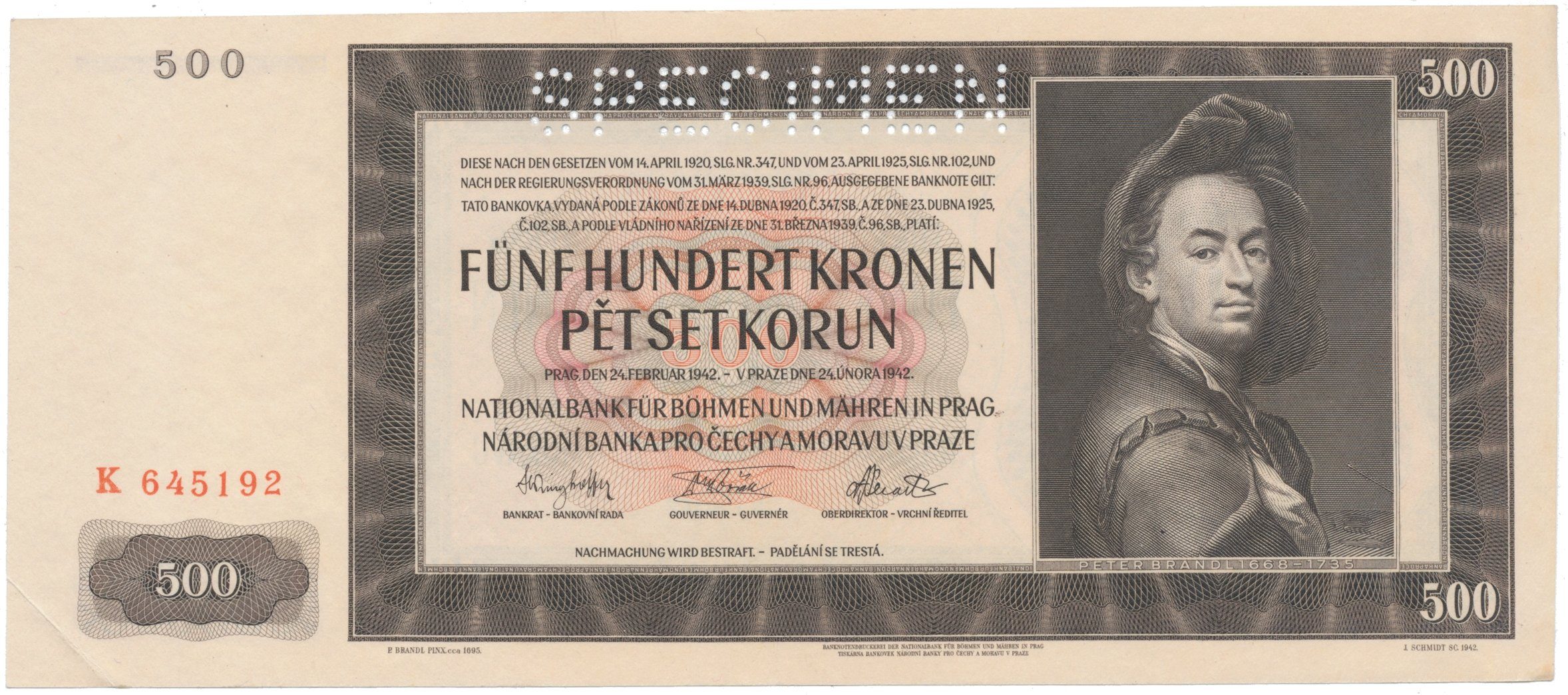 500 Koruna 1942, I. vydání, SPECIMEN, Hej.35a.S1