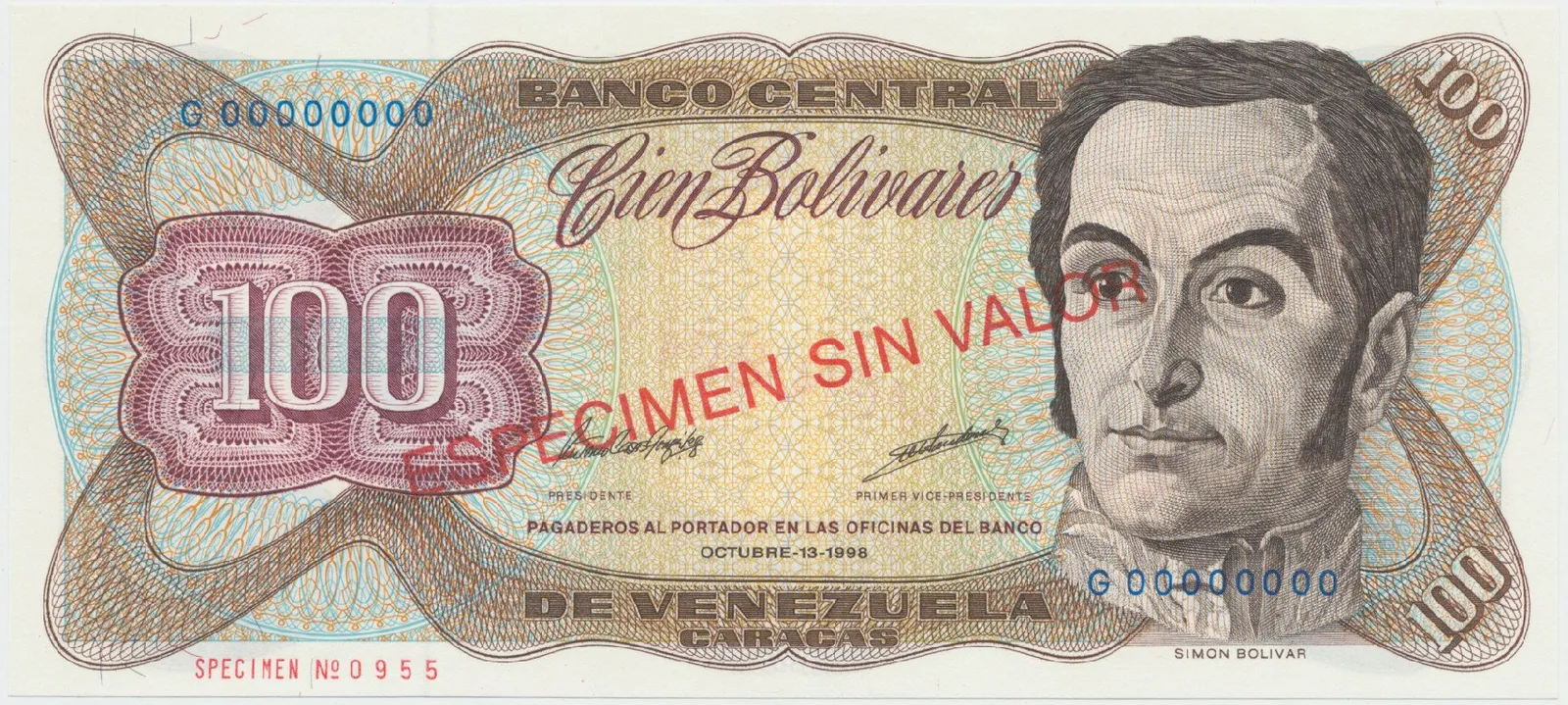 Venezuela, 100 Bolivares 1998, anulát - ESPECIMEN SIN VALOR, P.66gs