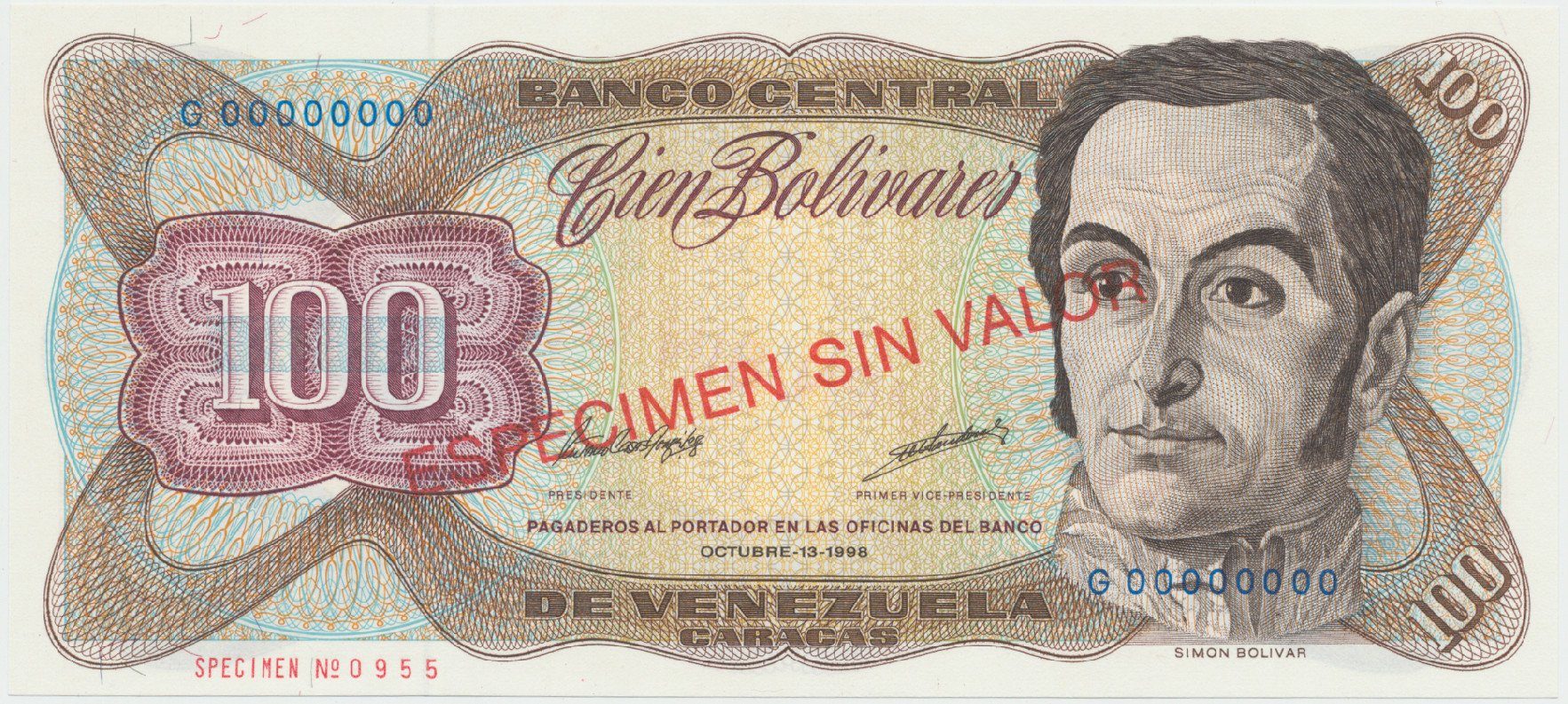 Venezuela, 100 Bolivares 1998, anulát - ESPECIMEN SIN VALOR, P.66gs