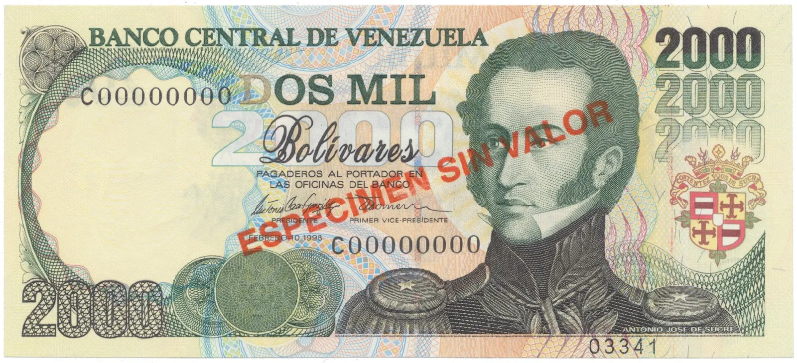 Venezuela, 2000 Bolivares 1998, anulát - ESPECIMEN SIN VALOR, P.77bs