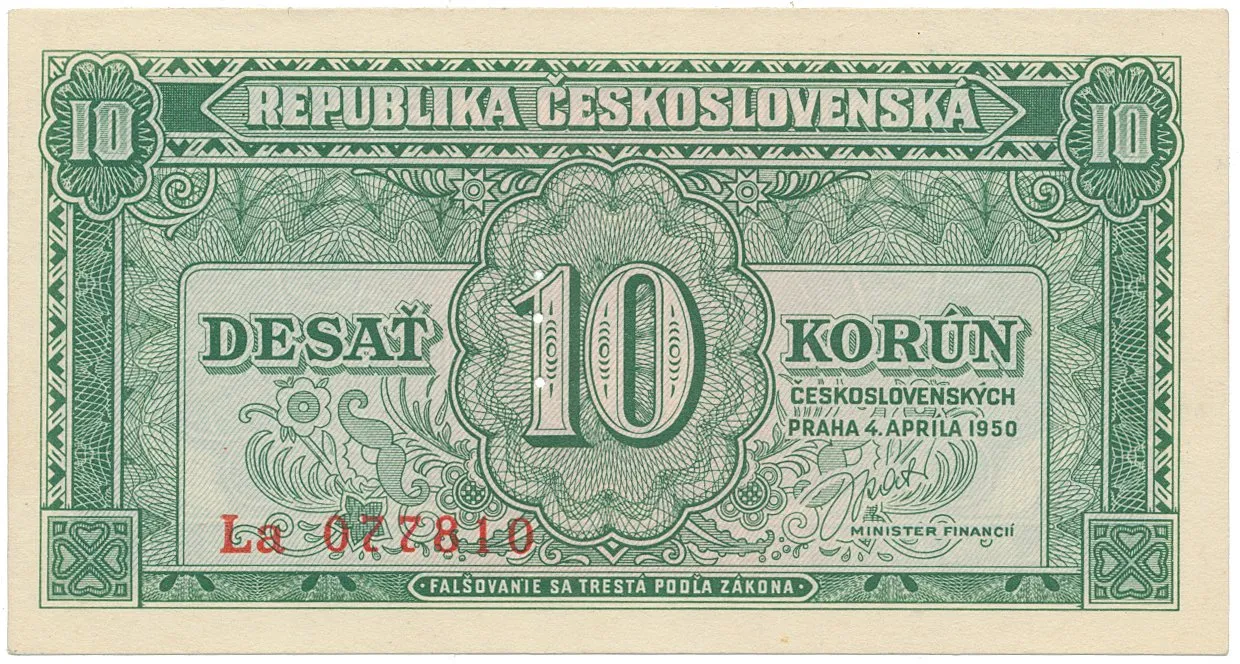 Československo, 10 Koruna 1950, série Aa - Zh, perforace 3 md v obloučku, Hej.86b.S2