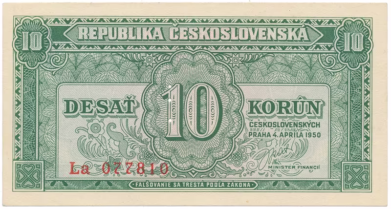 Československo, 10 Koruna 1950, série Aa - Zh, perforace 3 md v obloučku, Hej.86b.S2